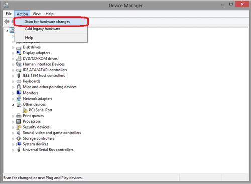 Windows 8 Device Manager, Scan for Changes